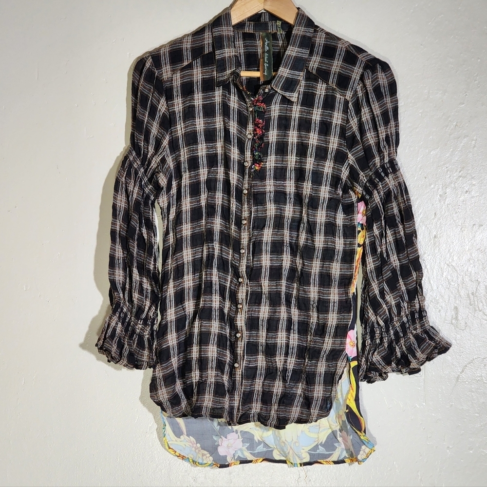 Aratta Silent Journey Plaid Button-Up Blouse with Floral Accents - Picture 2 of 8